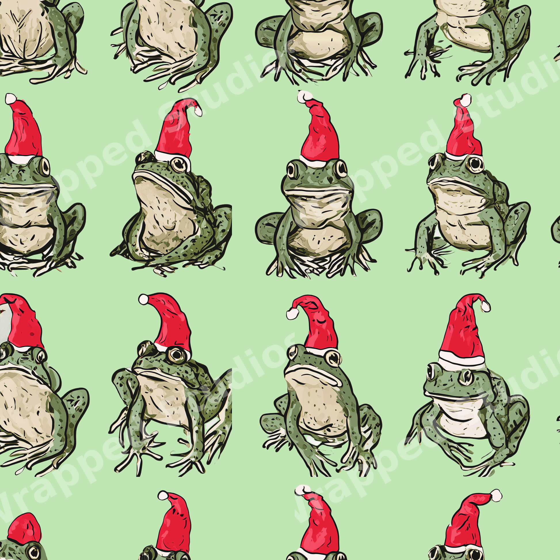 Playful Christmas pattern with illustrated green frogs wearing red Santa hats on a mint green background.
