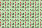 Playful Christmas pattern featuring hand-drawn frogs wearing red Santa hats on a light green background.