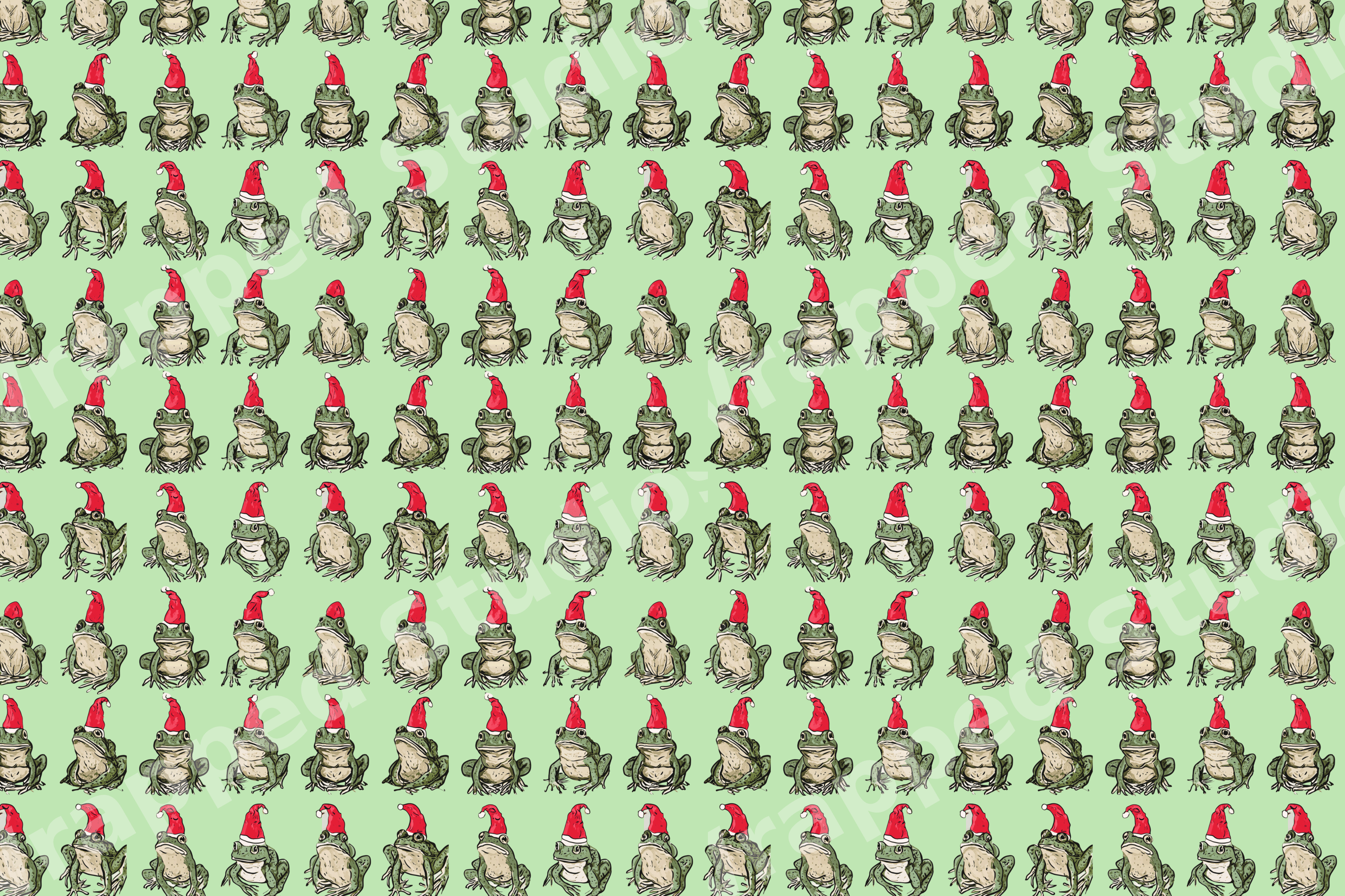 Playful Christmas pattern featuring hand-drawn frogs wearing red Santa hats on a light green background.