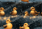 Seamless pattern of golden ducklings, snow, and string lights on a blue-gray background.