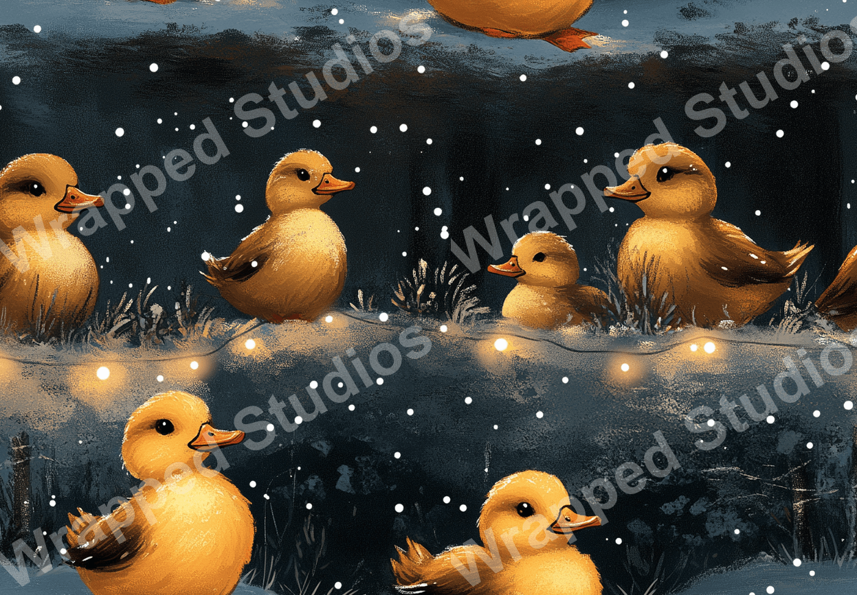 Seamless pattern of golden ducklings, snow, and string lights on a blue-gray background.