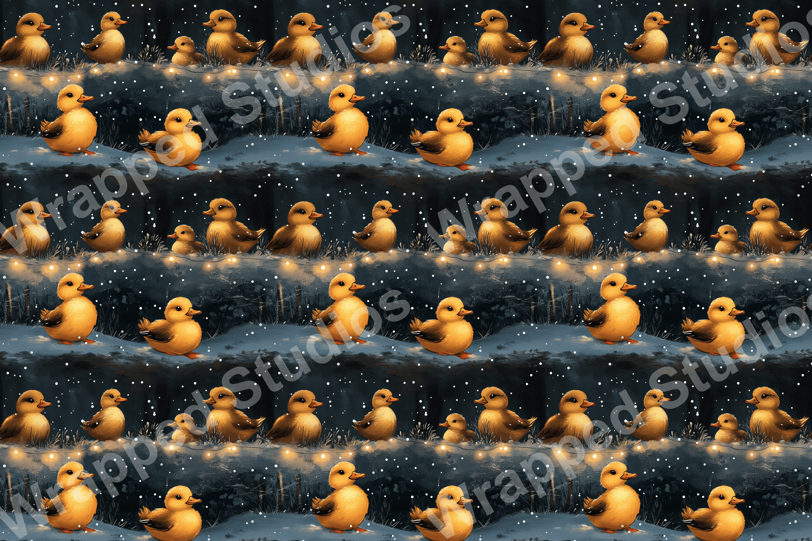 Seamless duckling pattern with twinkling lights on a dark blue background; whimsical animal print.