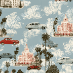Vintage classic car and palm tree pattern with retro buildings on a dusty blue background.