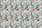 Retro travel pattern featuring classic cars, palm trees, and vintage architecture on a slate blue background.