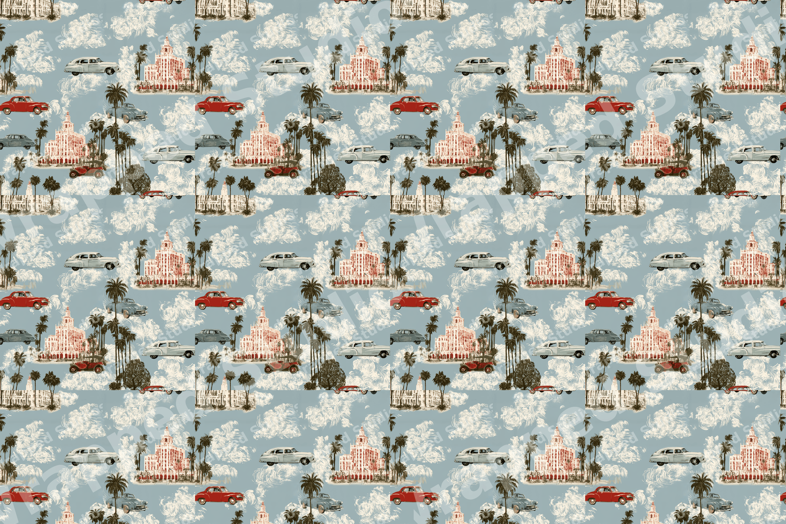 Retro travel pattern featuring classic cars, palm trees, and vintage architecture on a slate blue background.