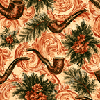 Vintage botanical design featuring smoking pipes and floral illustrations with elegant orange baroque swirls.