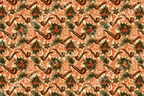 Vintage seamless pattern of tobacco pipes and pine branches with rustic orange scrollwork.