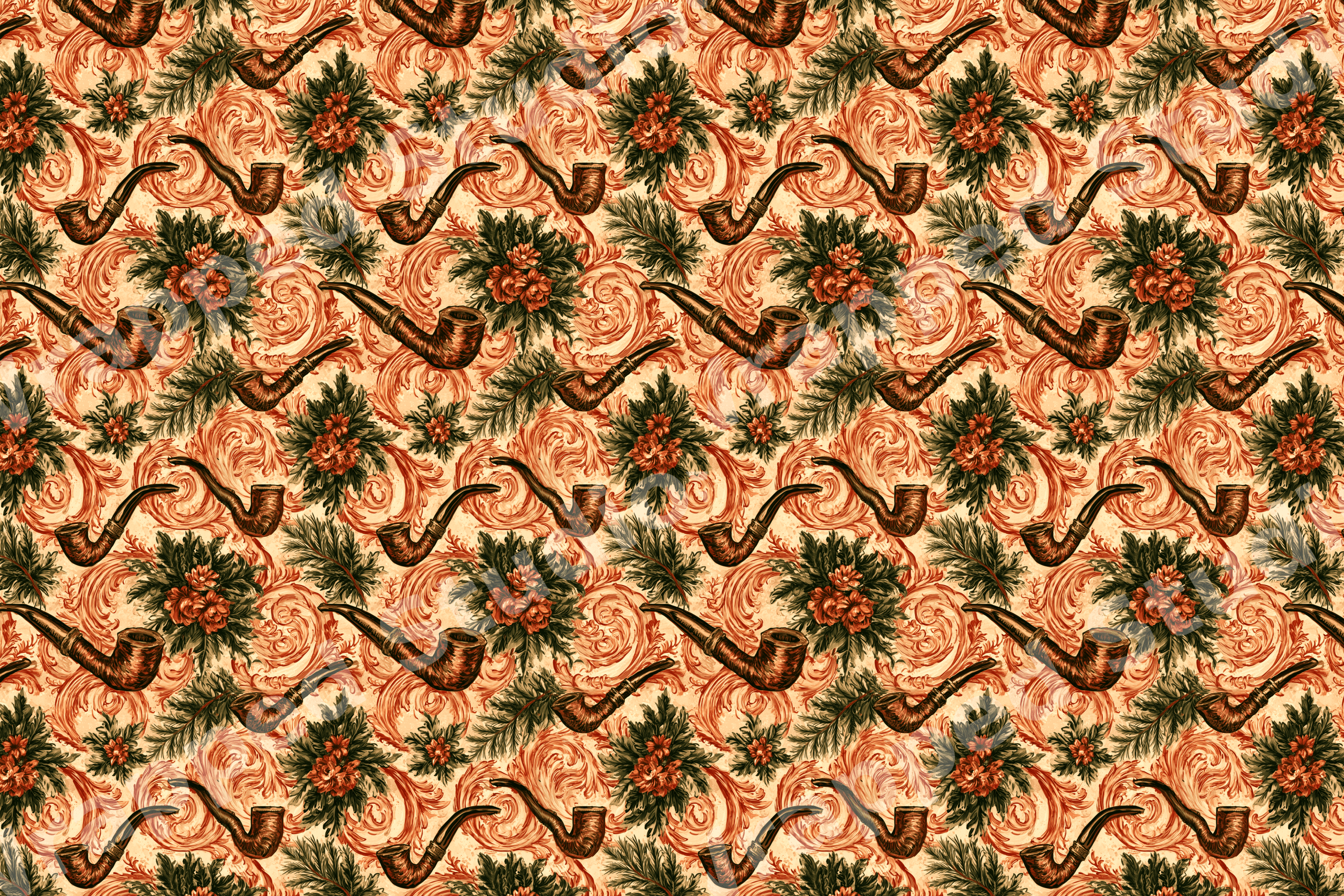 Vintage seamless pattern of tobacco pipes and pine branches with rustic orange scrollwork.