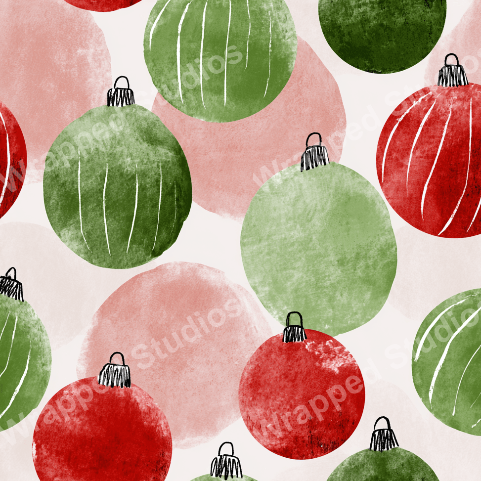 Christmas ornament pattern with red and green baubles on a light background, in a whimsical, painterly style.