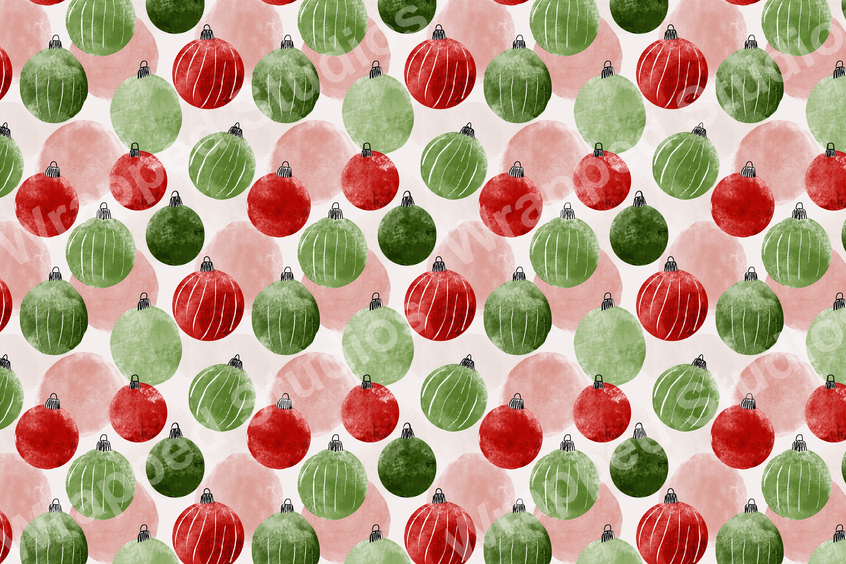 Watercolor Christmas ornament pattern in festive red and green, with a playful, hand-painted holiday aesthetic.