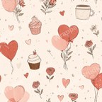 A whimsical Valentine's Day pattern with pink and red heart balloons, roses, cupcakes, and coffee cups.