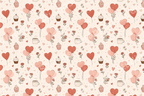 A playful romantic seamless pattern featuring red heart balloons, cupcakes, and tiny pink roses on a light cream background.