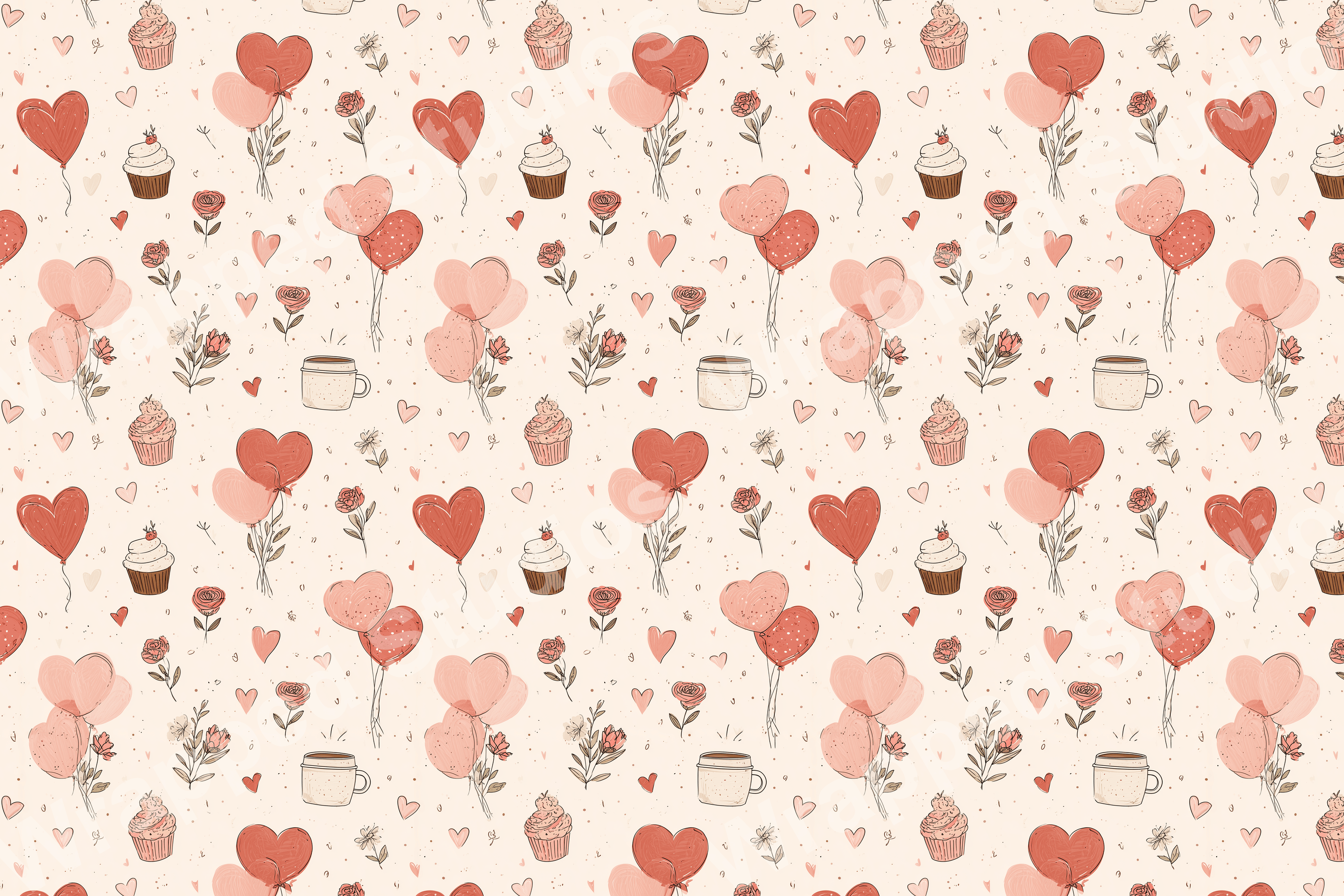 A playful romantic seamless pattern featuring red heart balloons, cupcakes, and tiny pink roses on a light cream background.