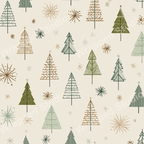 Boho Christmas tree pattern with green, brown, and subtle red trees and snowflakes.