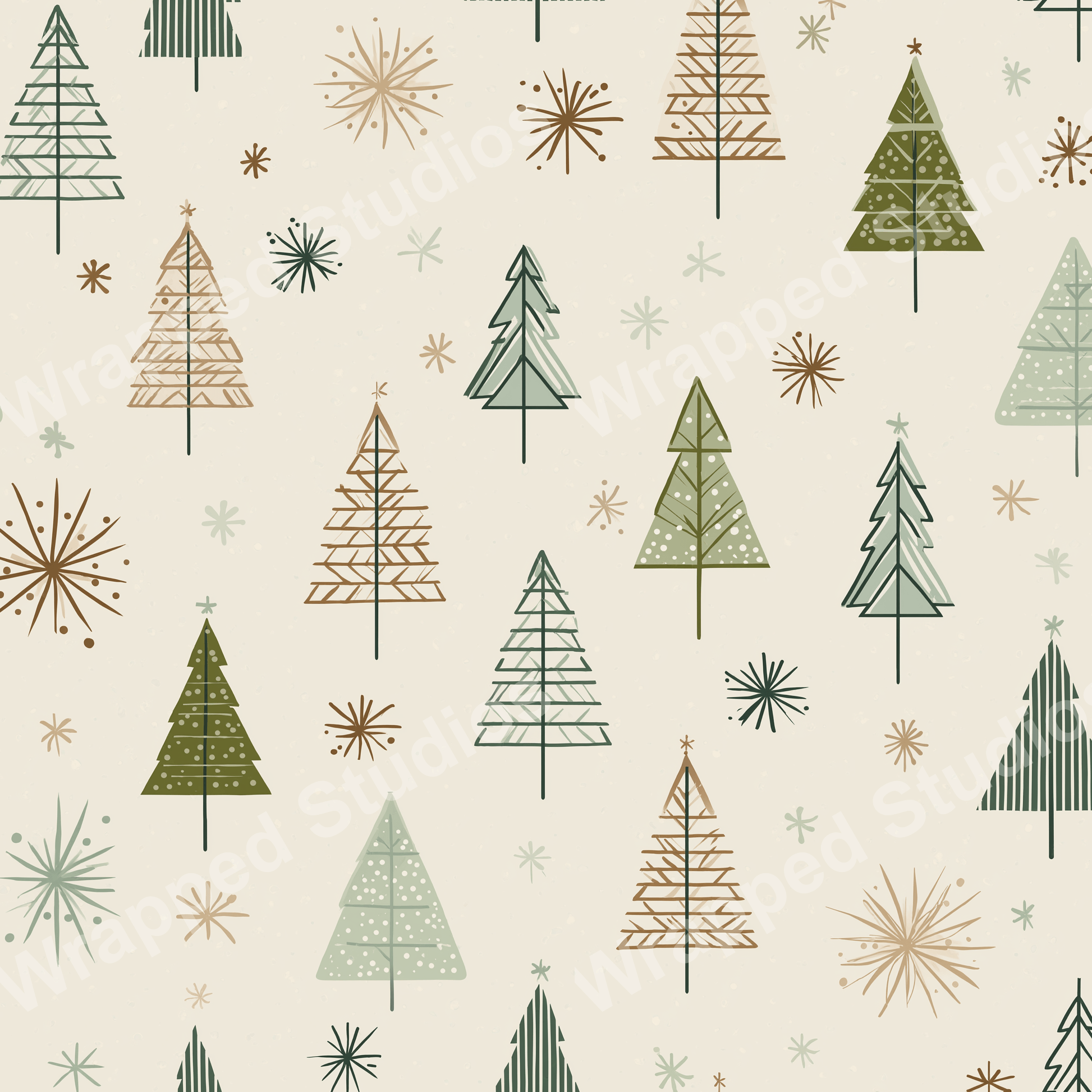 Boho Christmas tree pattern with green, brown, and subtle red trees and snowflakes.