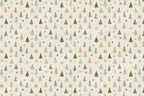 A festive pattern of illustrated green and brown Christmas trees and snowflakes on an off-white background.