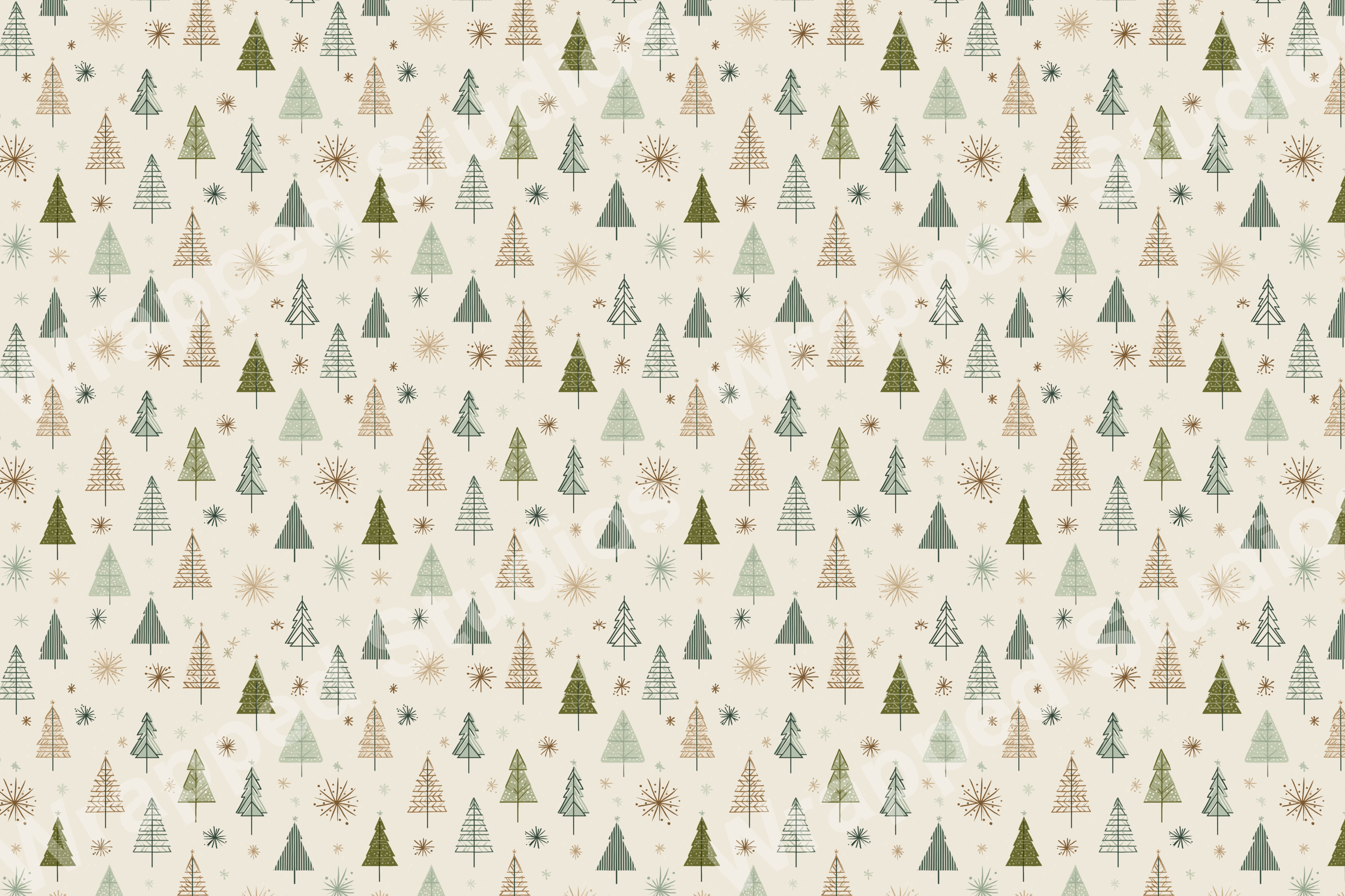 A festive pattern of illustrated green and brown Christmas trees and snowflakes on an off-white background.