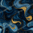 Elegant abstract pattern with swirling blue textures, flowing gold accents, and tiny gold dots.