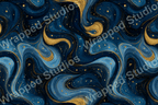 Elegant abstract pattern with swirling navy blue and gold fluid art elements and gold glitter accents.