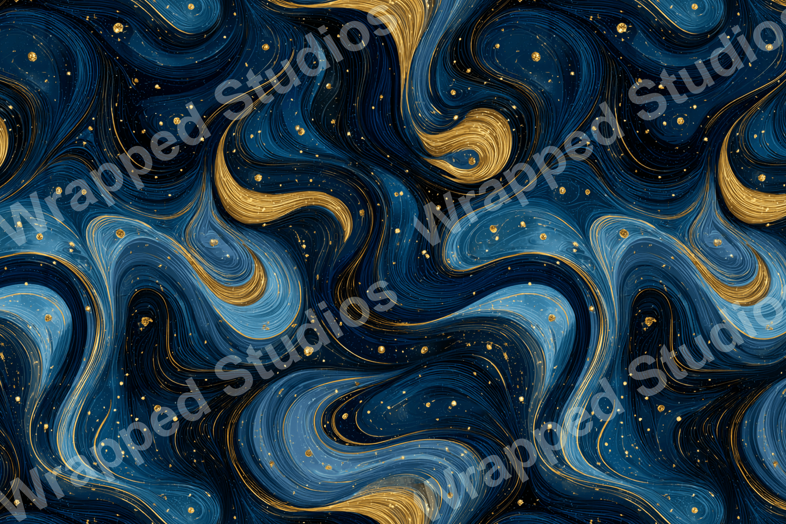 Elegant abstract pattern with swirling navy blue and gold fluid art elements and gold glitter accents.