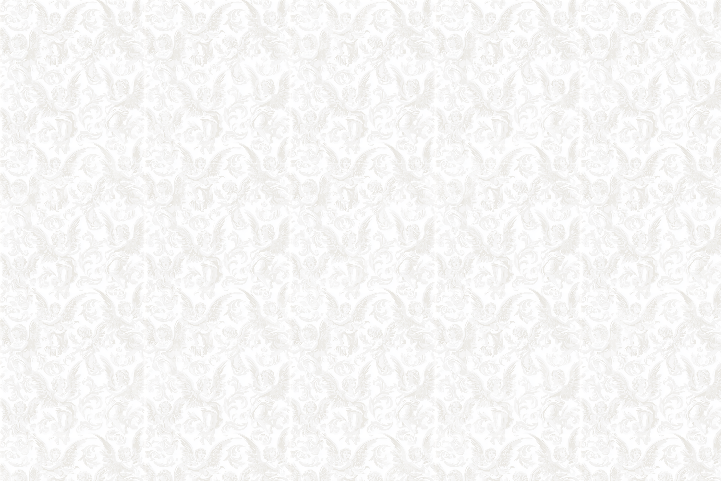 Subtle white and grey vintage cherub pattern with classical baroque scrollwork.