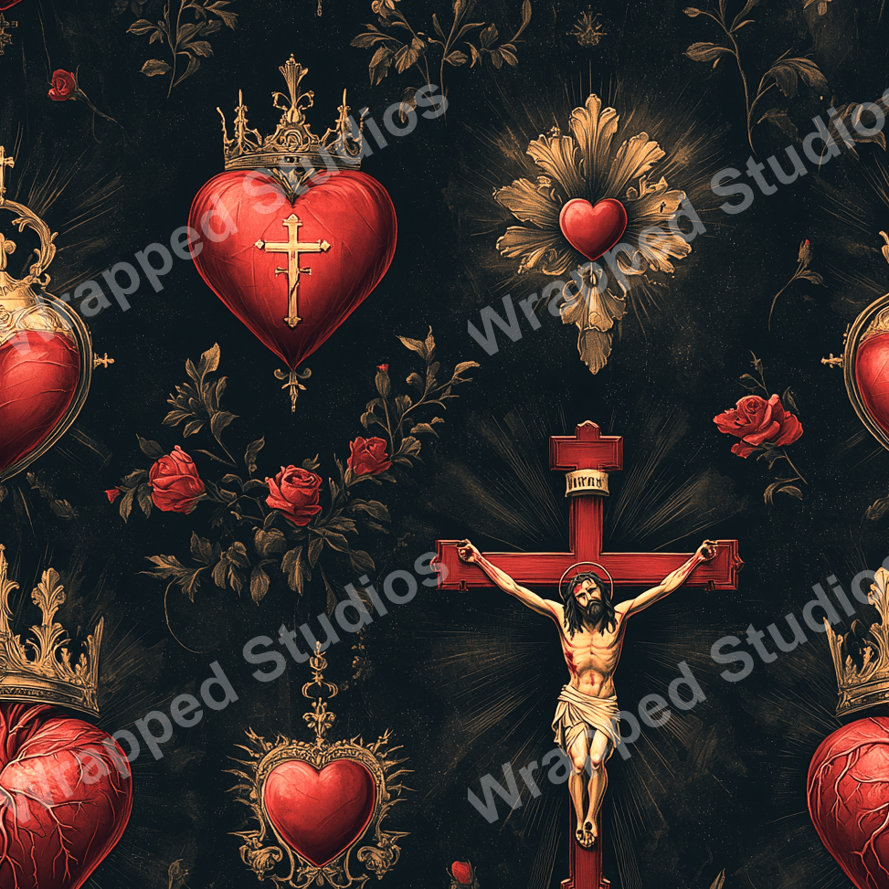 Elegant seamless pattern with crowned hearts, roses, and crucifixes on a dark botanical backdrop.