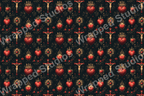 Gothic pattern design with sacred hearts, crucifixes, and roses on a dark ground.