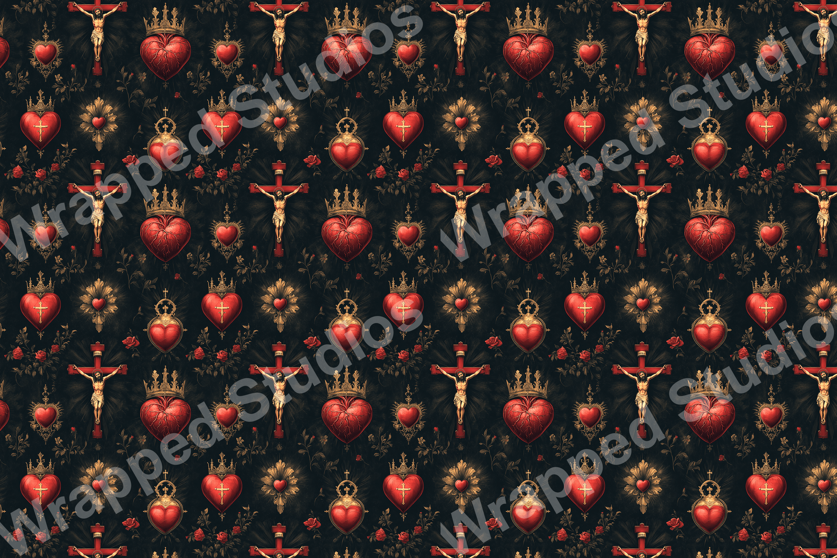 Gothic pattern design with sacred hearts, crucifixes, and roses on a dark ground.