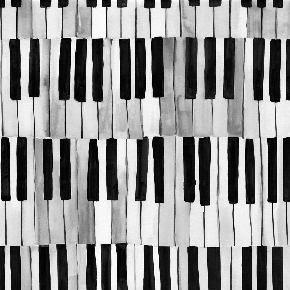 Seamless black and white watercolor piano keys pattern with a hand-painted musical design.