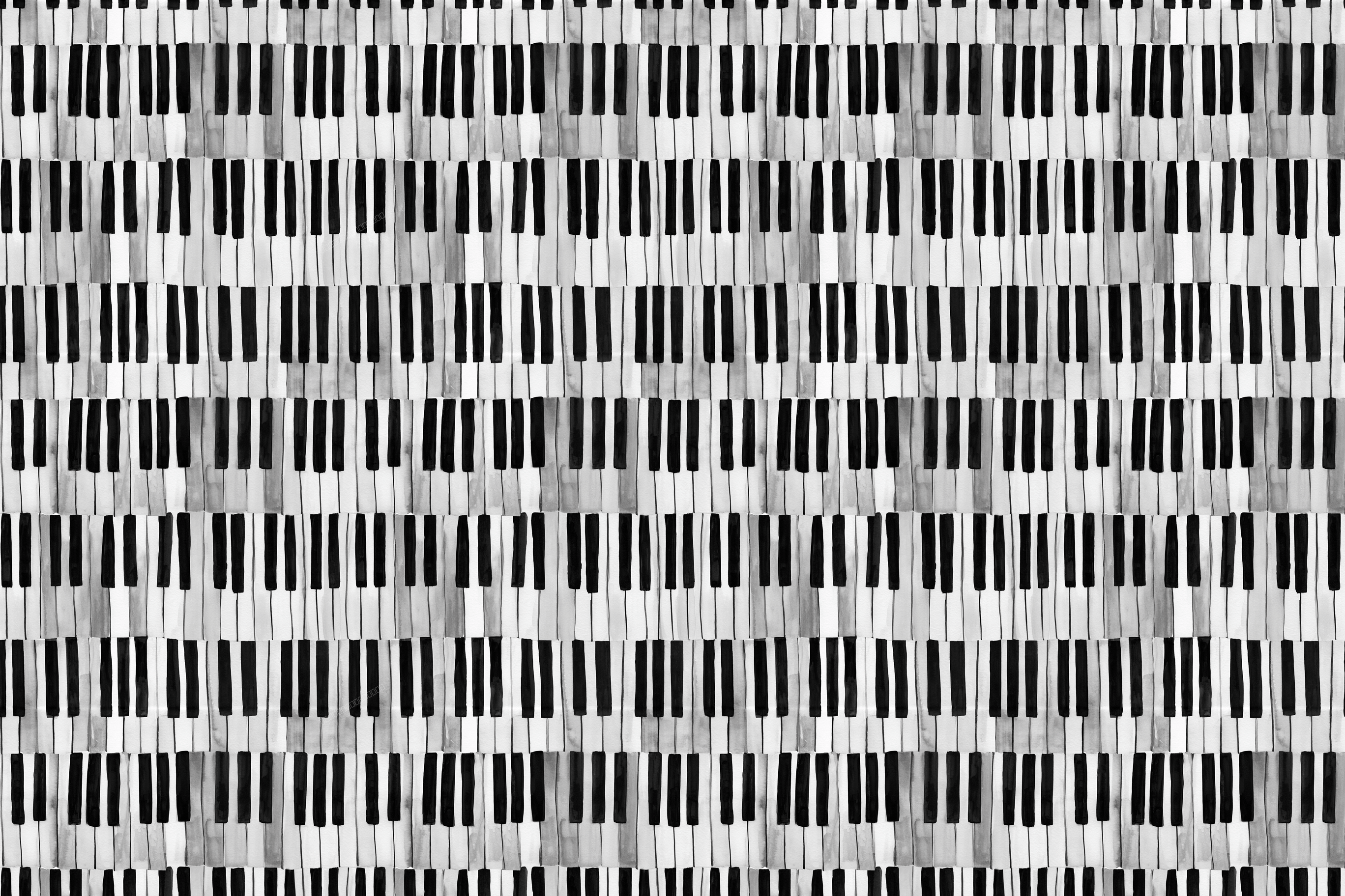Modern black and white watercolor piano keys in a seamless repeating music pattern.