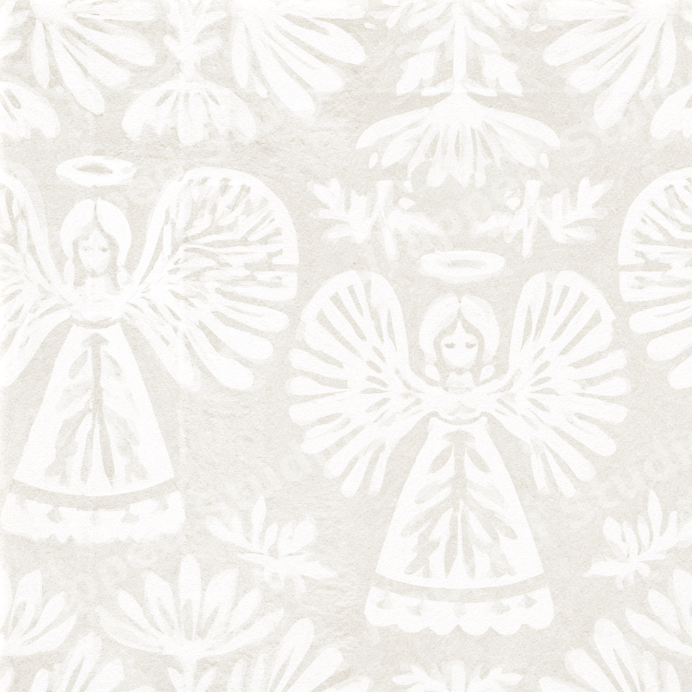 Vintage Christmas angel pattern in cream and white with block print style folk art florals.