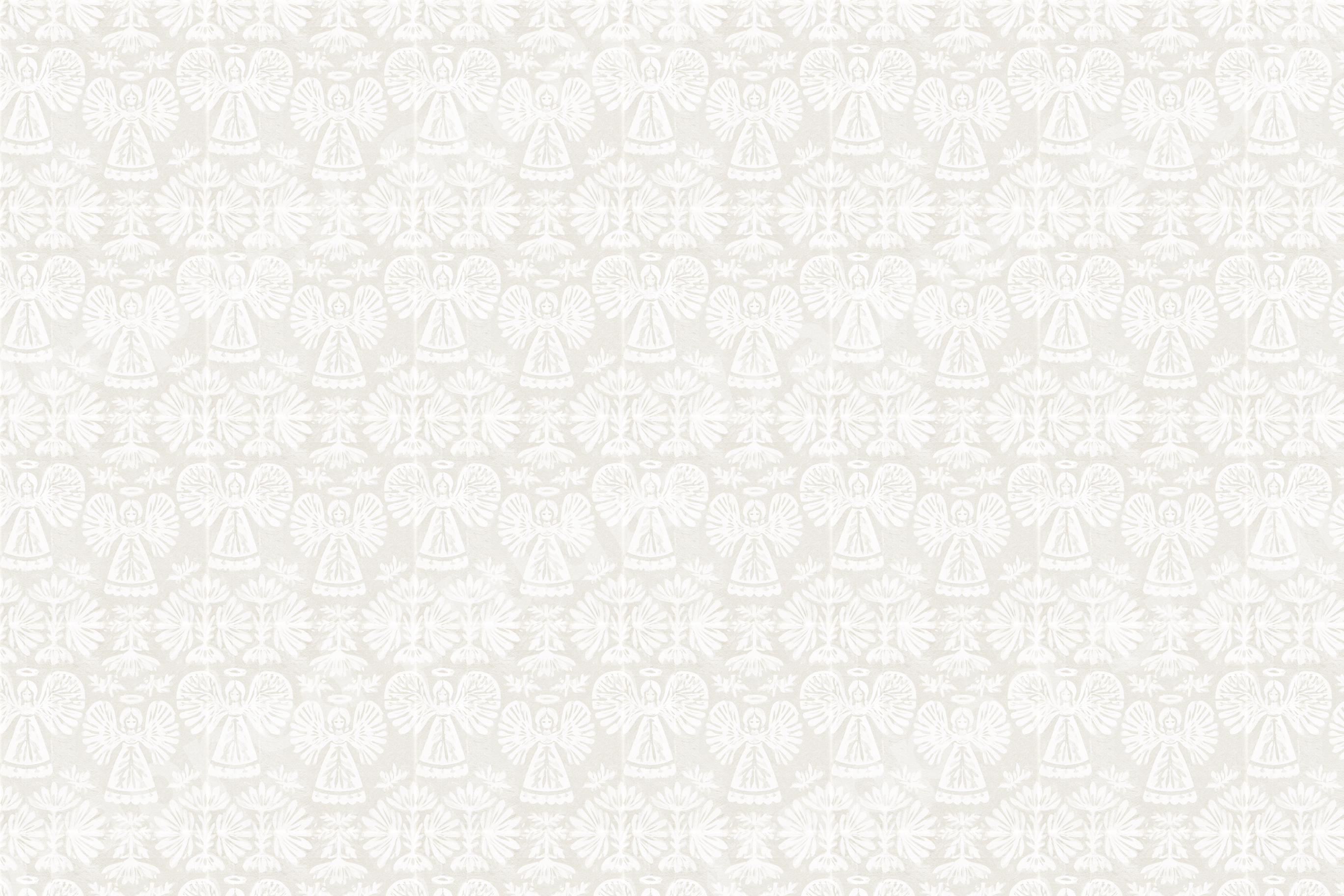 Elegant vintage Christmas angel pattern featuring white botanical damask motifs on a cream background.
