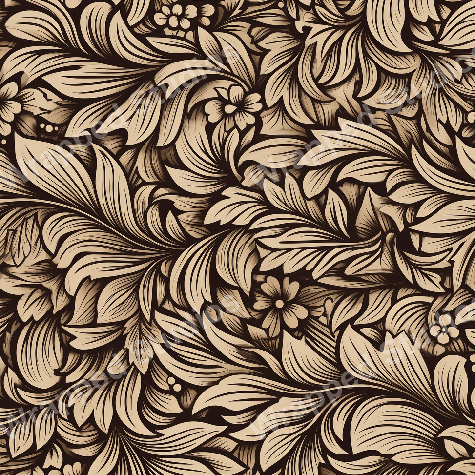 Elegant floral pattern featuring stylized leaves and blossoms in shades of beige and dark brown.