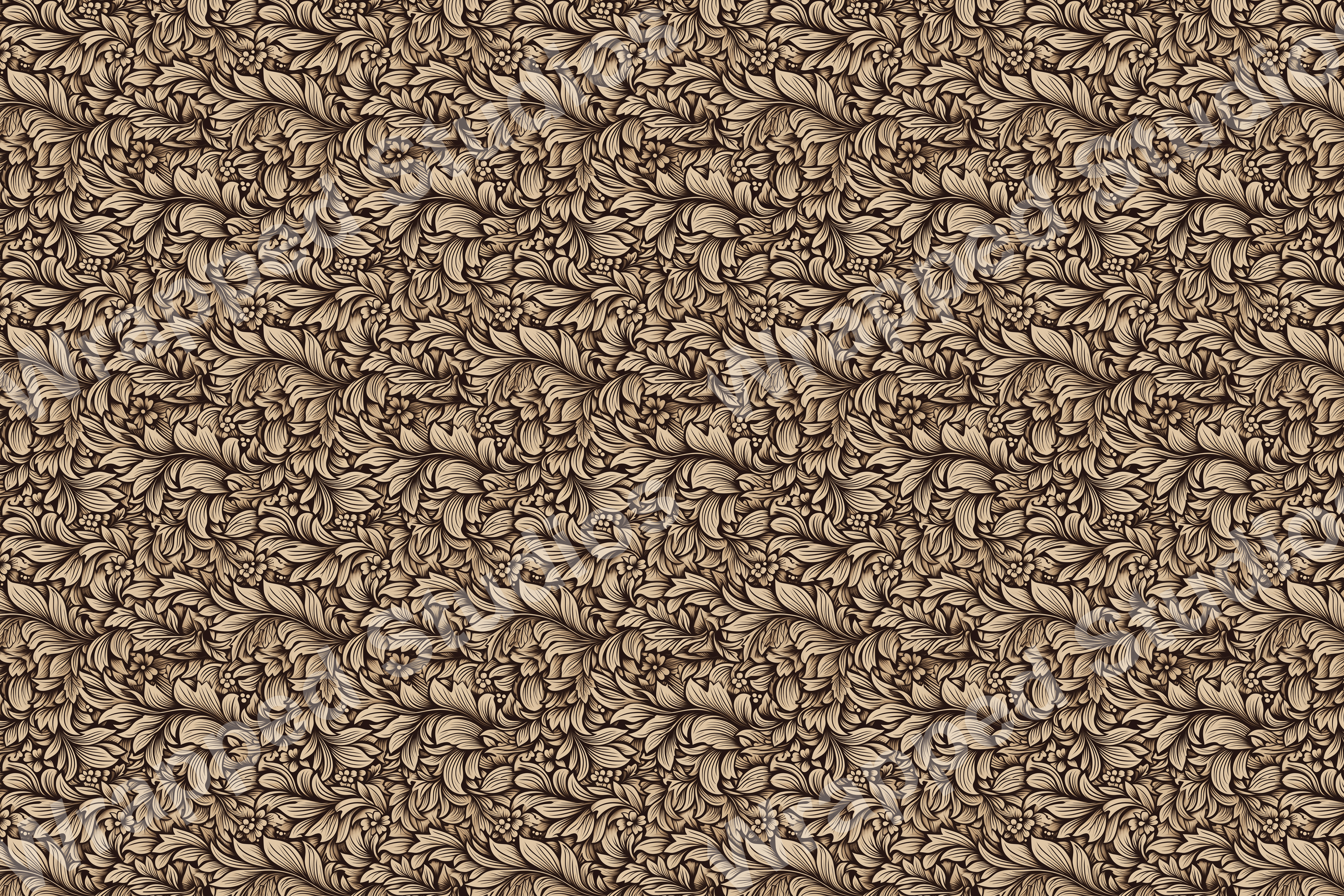 Intricate floral pattern with swirling leaves in shades of brown and tan.