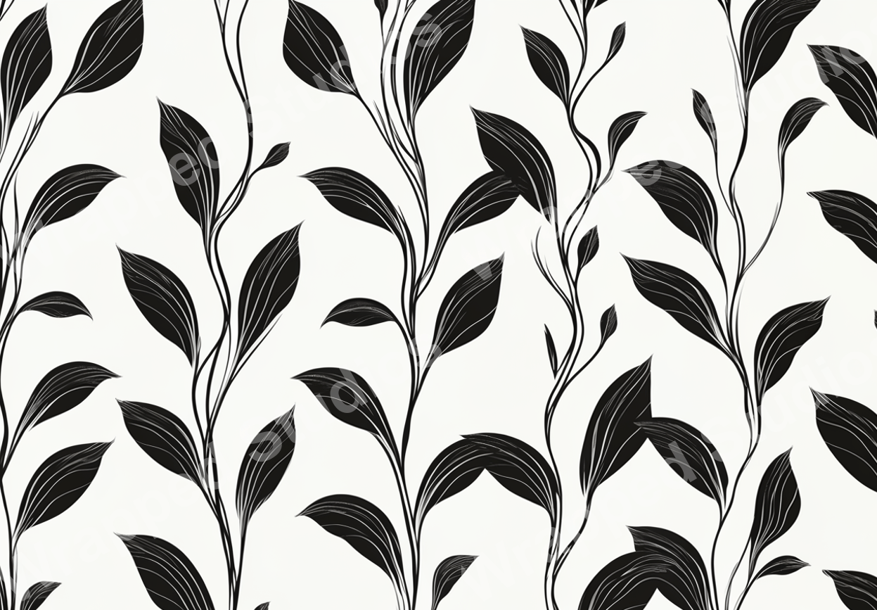 Elegant black and white botanical pattern with leafy vines and minimalist style.