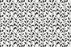 Seamless botanical pattern of black leaves and vines on a white background.