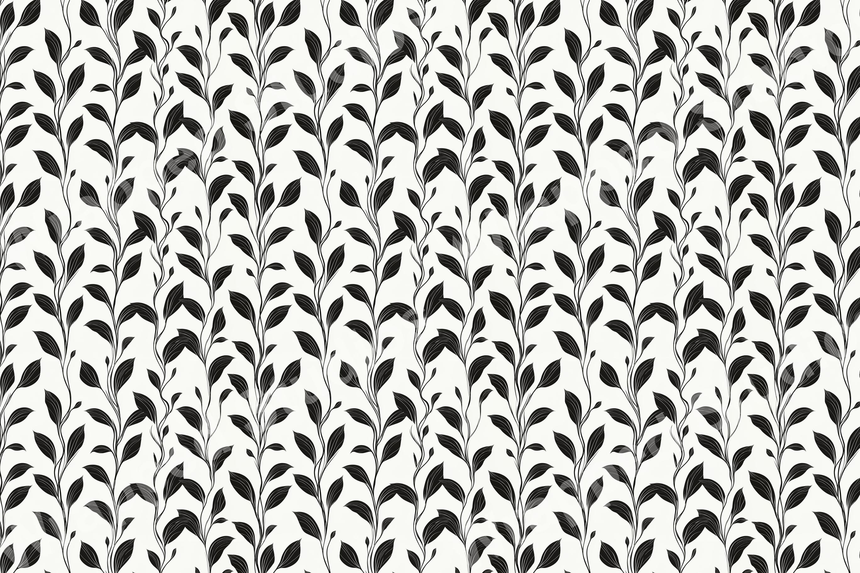 Seamless botanical pattern of black leaves and vines on a white background.