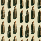 Repeating military bullet pattern with brass and copper ammunition on a light beige background.