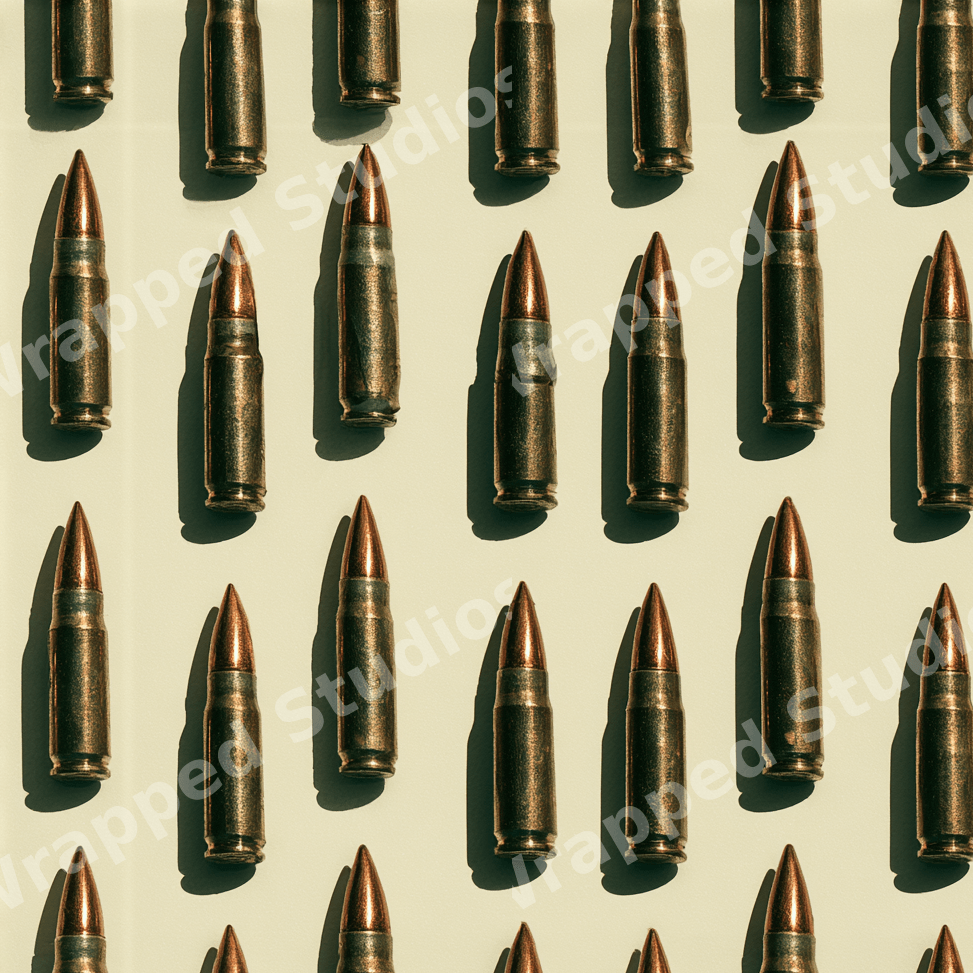 Repeating military bullet pattern with brass and copper ammunition on a light beige background.