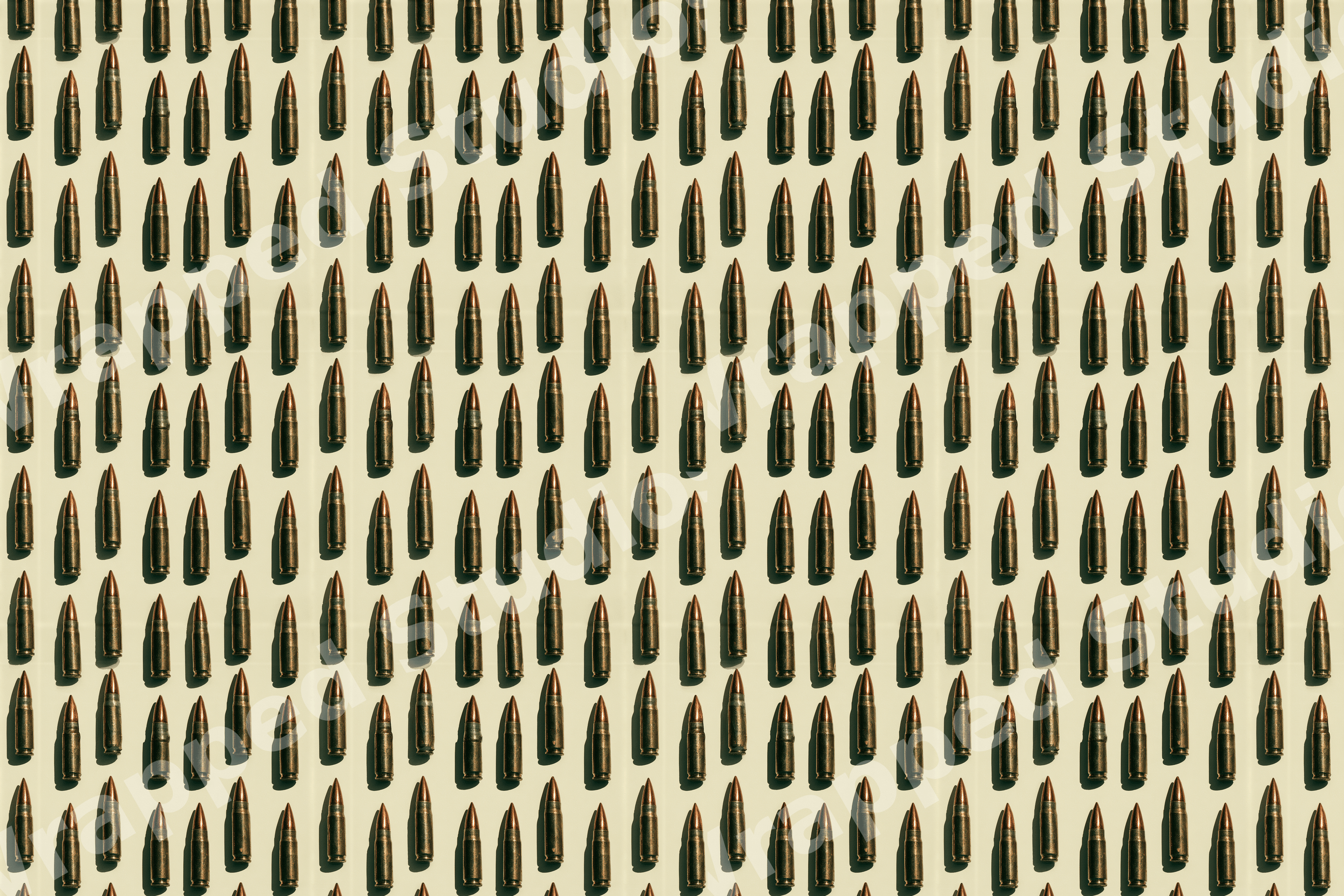 Seamless military ammunition pattern with repeating rows of realistic bullets on a beige background.