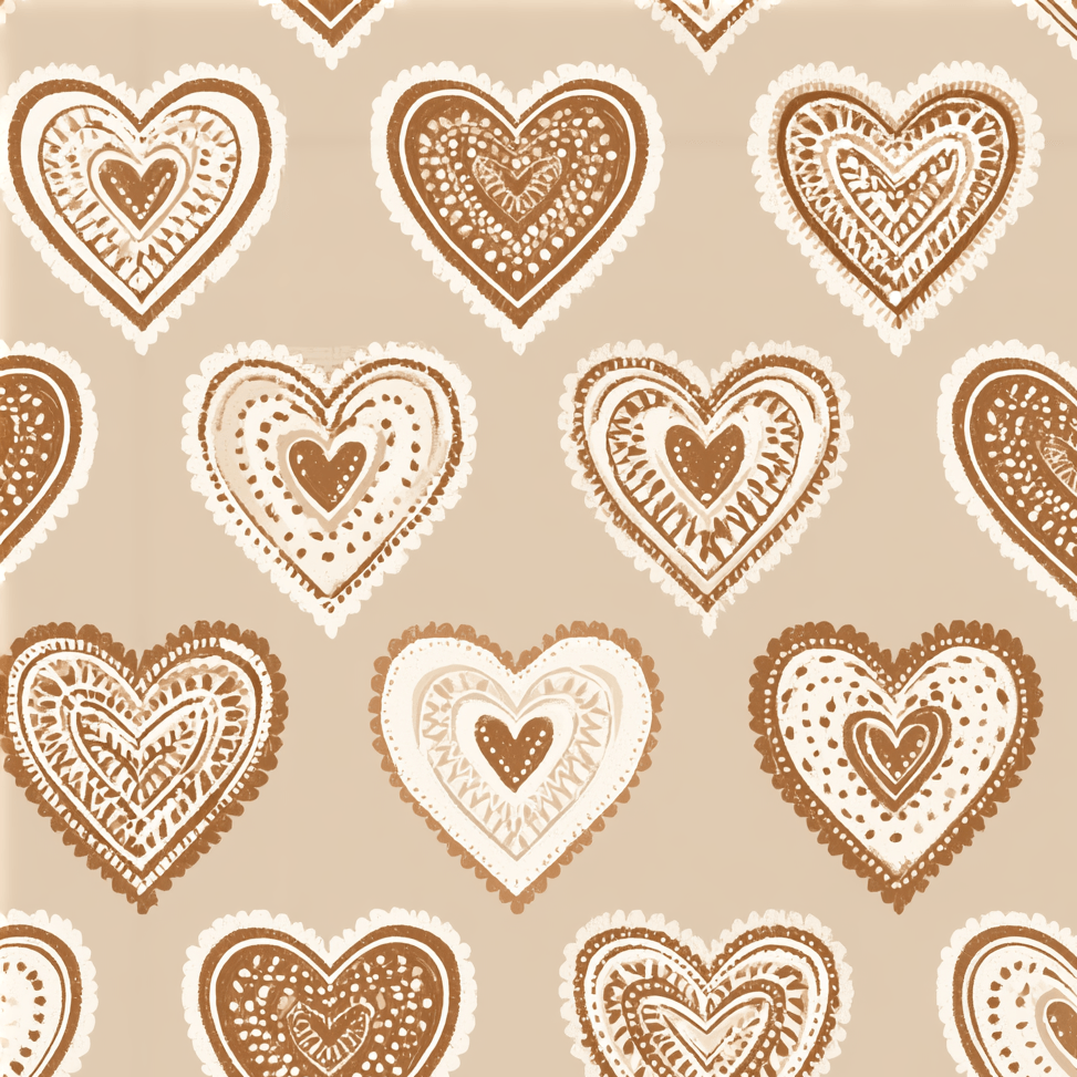 Rustic folk art heart pattern with gingerbread and lace details on a neutral beige background.