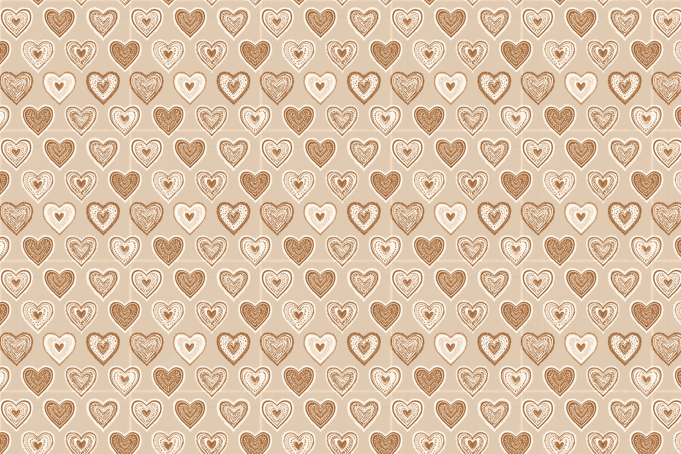 Rustic boho heart pattern featuring hand-drawn folk art hearts in brown and white on a beige background.