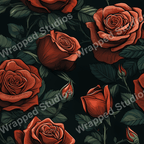 Elegant floral pattern with red roses and dark green leaves on a black background.