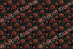 Seamless vintage rose floral pattern with dark green foliage on a black background.