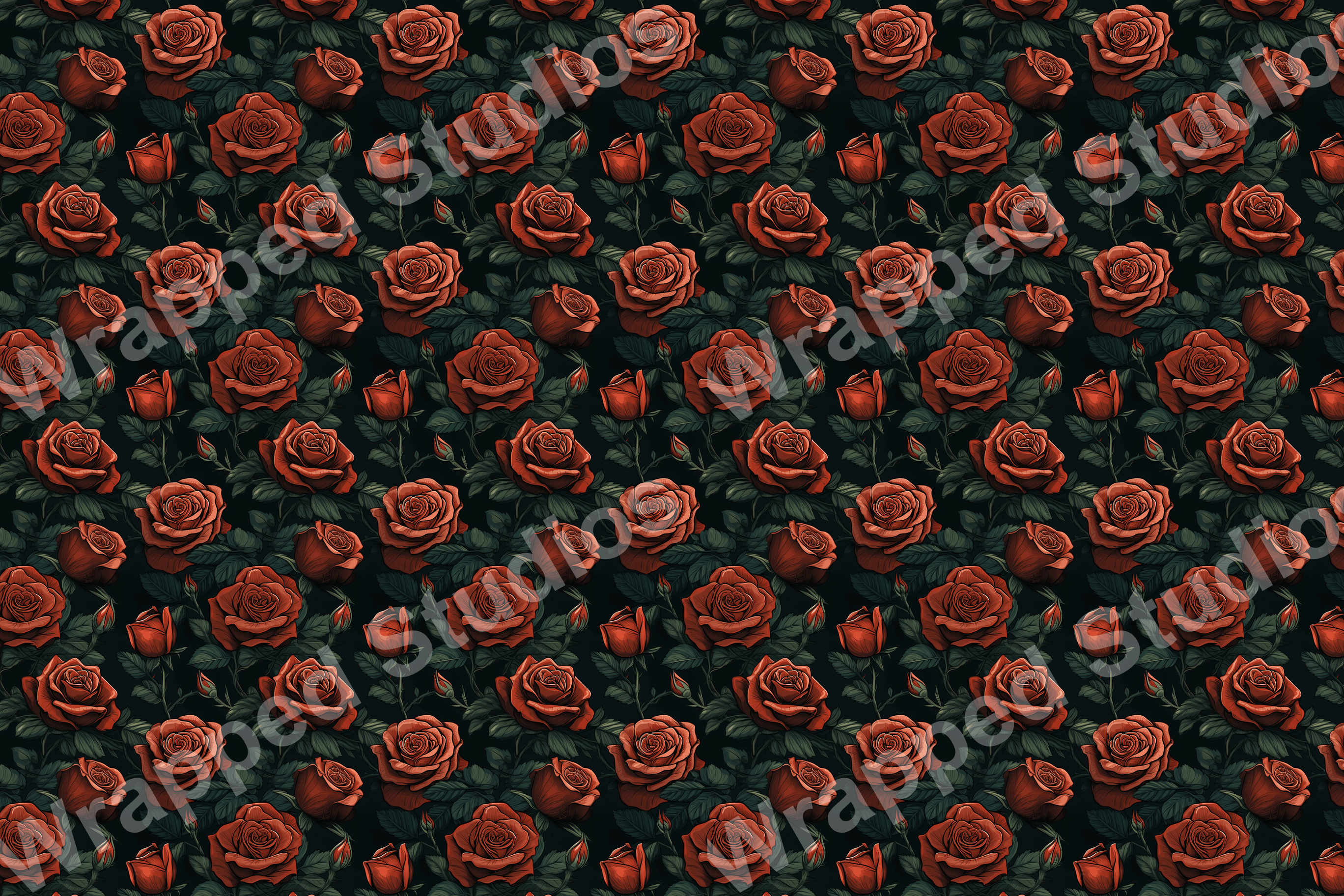 Seamless vintage rose floral pattern with dark green foliage on a black background.