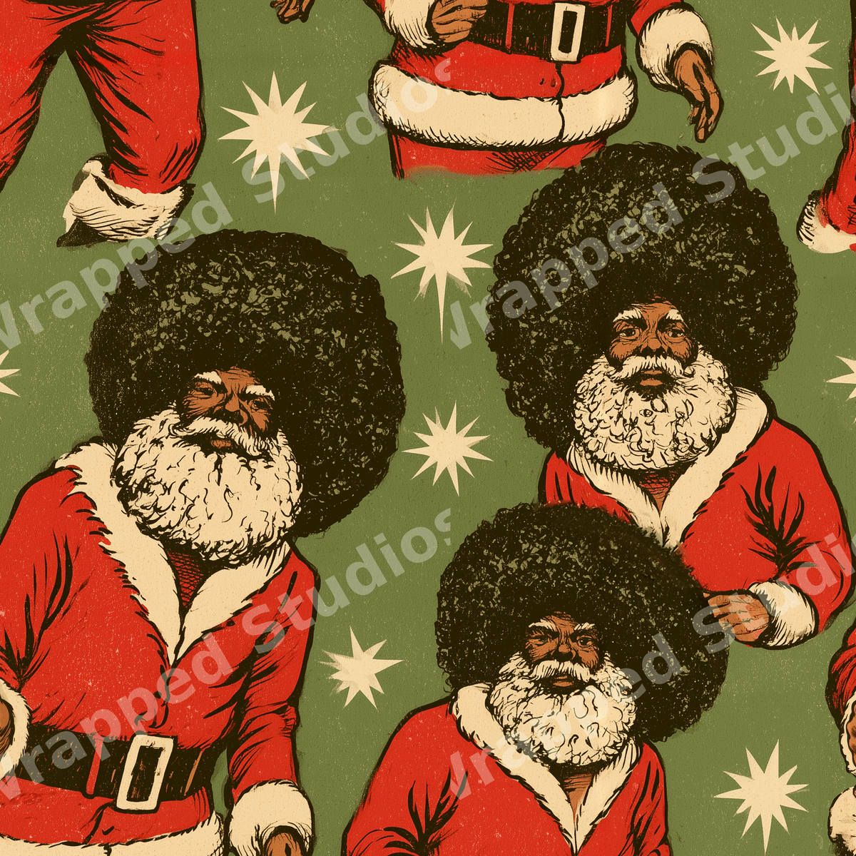 Retro Black Santa Claus Christmas pattern with an afro and cream stars on a sage green background.