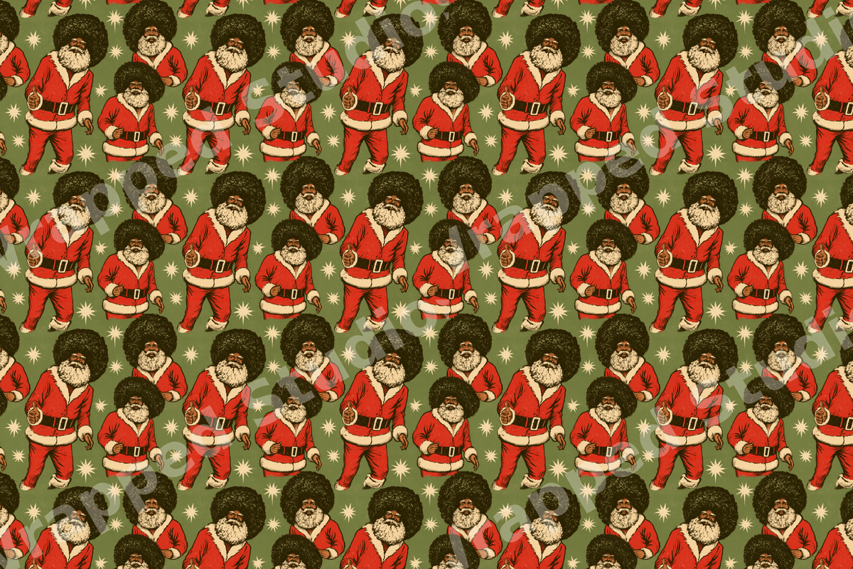 Vintage Christmas pattern featuring Black Santas with afros and stars on a sage green background.