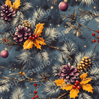Vintage botanical Christmas pattern with purple pinecones, golden holly leaves, and red berries on navy blue.