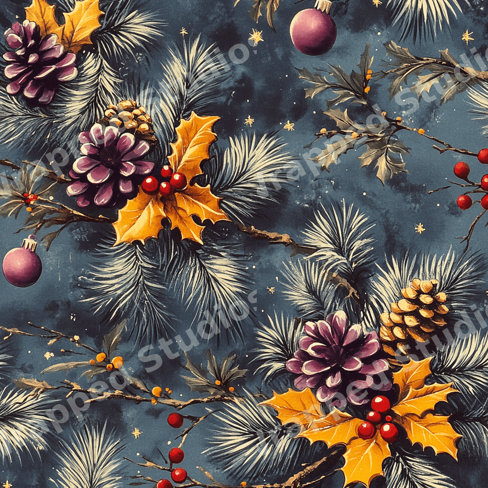 Vintage botanical Christmas pattern with purple pinecones, golden holly leaves, and red berries on navy blue.