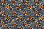 Vintage botanical Christmas pattern with pine branches, pinecones, and golden holly on dark blue.
